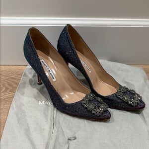 Pre loved authentic Navy Glitter Pointed-Toe Pumps with Crystal Buckle